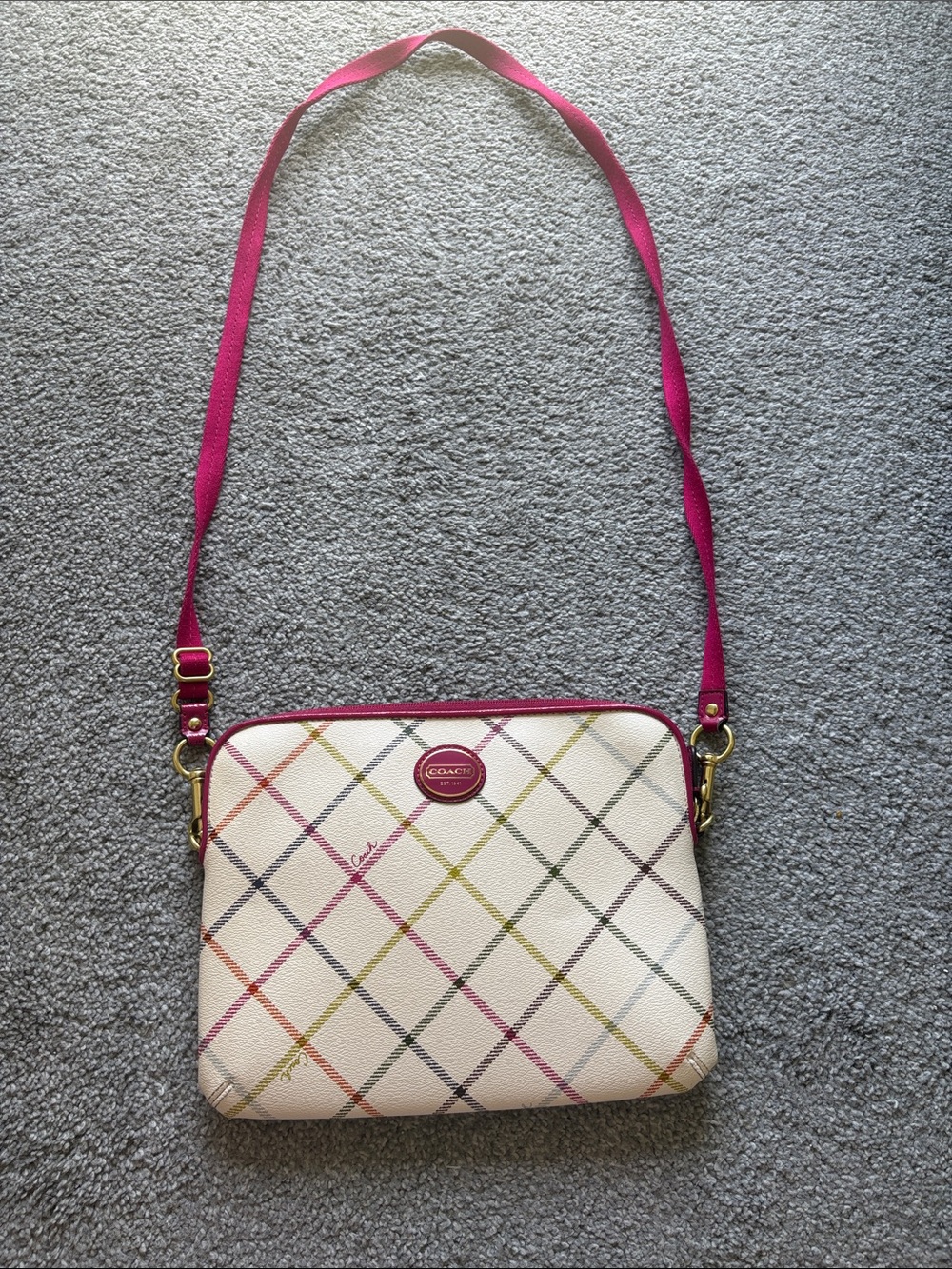 Coach White Multicolor Plaid Crossbody with Pink Strap